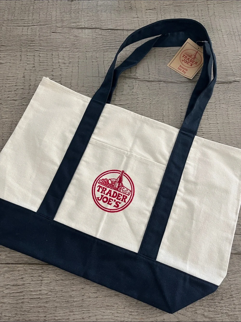 Trader Joe's Navy and Cream Canvas Tote Bag